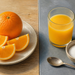 Comparación entre una naranja entera con gajos y un vaso de zumo de naranja junto a un cuenco de azúcar y una cuchara.
