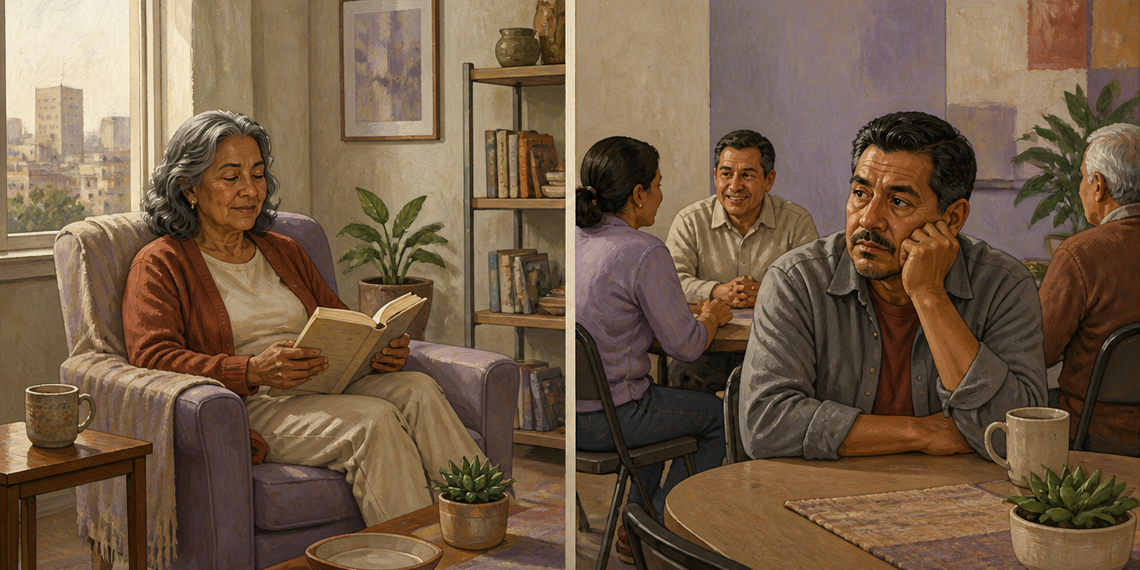 Composición dividida con una mujer mayor leyendo sola en casa y un hombre sentado apartado mientras otras personas conversan en una mesa.
