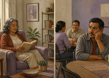 Composición dividida con una mujer mayor leyendo sola en casa y un hombre sentado apartado mientras otras personas conversan en una mesa.