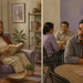 Composición dividida con una mujer mayor leyendo sola en casa y un hombre sentado apartado mientras otras personas conversan en una mesa.