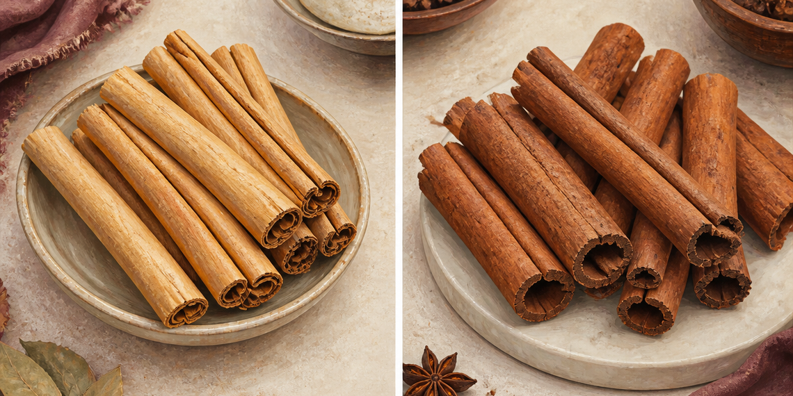 Comparación visual de dos tipos de ramas de canela, unas más claras y finas y otras más oscuras y gruesas, colocadas sobre platos.