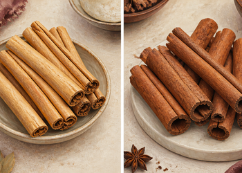 Comparación visual de dos tipos de ramas de canela, unas más claras y finas y otras más oscuras y gruesas, colocadas sobre platos.