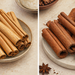 Comparación visual de dos tipos de ramas de canela, unas más claras y finas y otras más oscuras y gruesas, colocadas sobre platos.