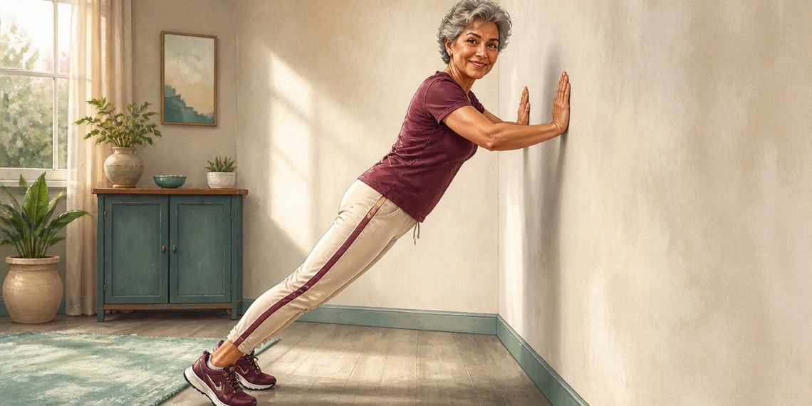 Mujer mayor realizando flexiones en pared en casa, con el cuerpo inclinado hacia delante y las manos apoyadas sobre la pared.