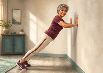 Mujer mayor realizando flexiones en pared en casa, con el cuerpo inclinado hacia delante y las manos apoyadas sobre la pared.