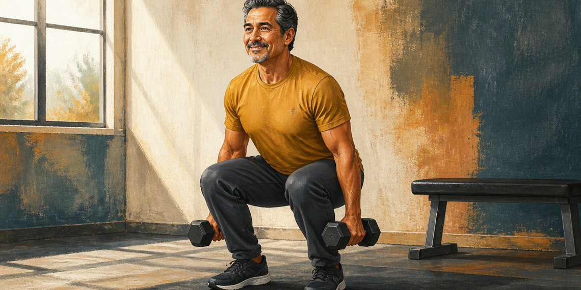 Hombre mayor realizando una sentadilla con dos mancuernas, con las rodillas flexionadas y los brazos extendidos hacia abajo en un espacio de entrenamiento.