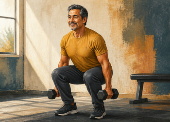 Hombre mayor realizando una sentadilla con dos mancuernas, con las rodillas flexionadas y los brazos extendidos hacia abajo en un espacio de entrenamiento.
