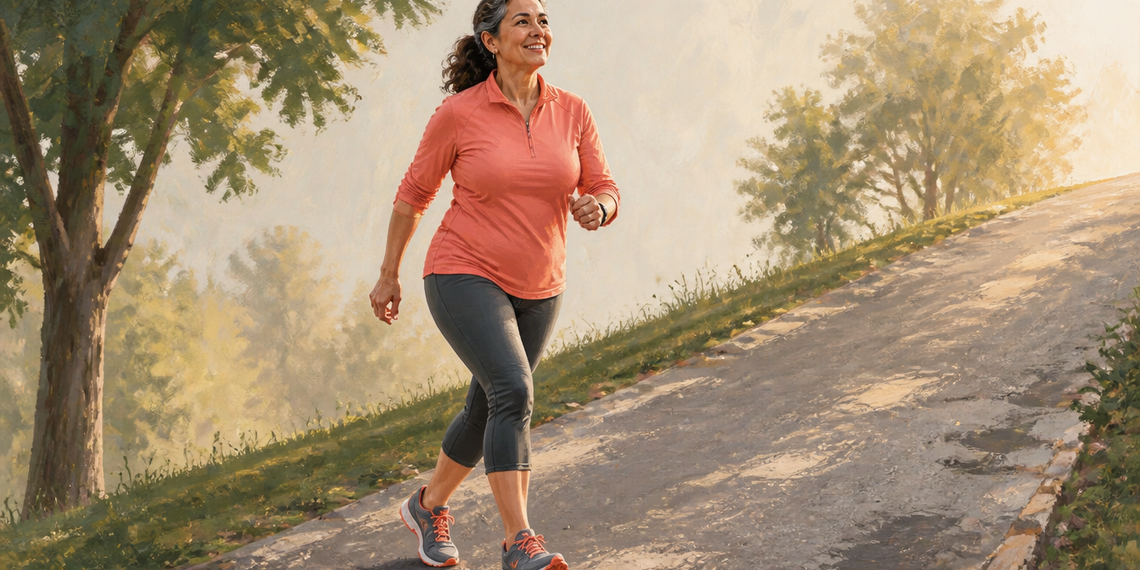 Mujer adulta caminando cuesta arriba por un sendero inclinado al aire libre, con ropa deportiva y zapatillas, durante una sesión de ejercicio.