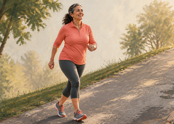 Mujer adulta caminando cuesta arriba por un sendero inclinado al aire libre, con ropa deportiva y zapatillas, durante una sesión de ejercicio.