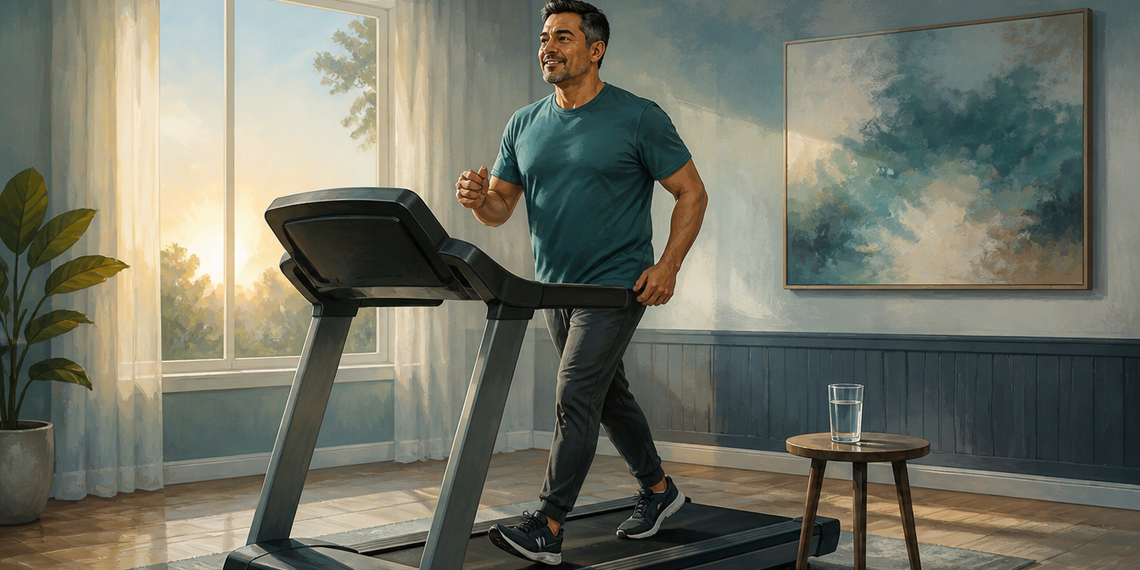 Hombre adulto caminando o trotando en una cinta de correr dentro de una habitación luminosa, con una mesa auxiliar y un vaso de agua al lado.