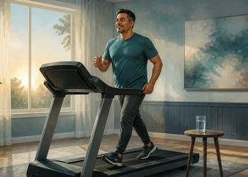 Hombre adulto caminando o trotando en una cinta de correr dentro de una habitación luminosa, con una mesa auxiliar y un vaso de agua al lado.