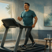 Hombre adulto caminando o trotando en una cinta de correr dentro de una habitación luminosa, con una mesa auxiliar y un vaso de agua al lado.
