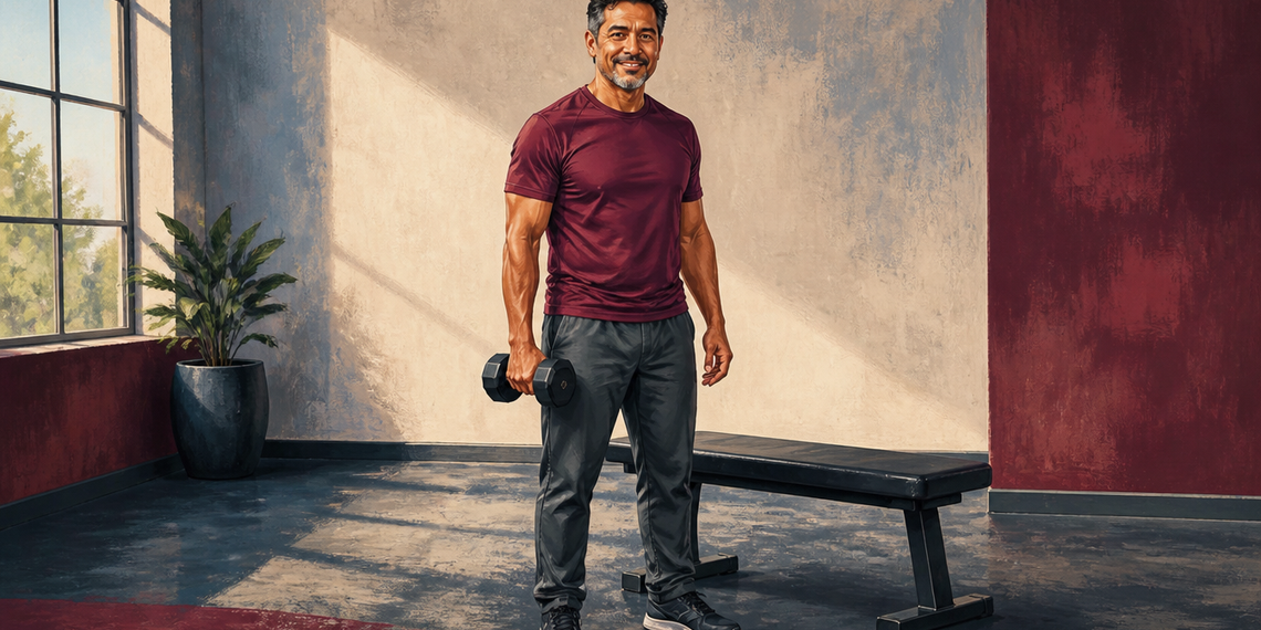 Hombre adulto de pie en un espacio de entrenamiento, sosteniendo una mancuerna junto al cuerpo, con un banco detrás y ropa deportiva.