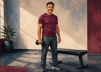 Hombre adulto de pie en un espacio de entrenamiento, sosteniendo una mancuerna junto al cuerpo, con un banco detrás y ropa deportiva.