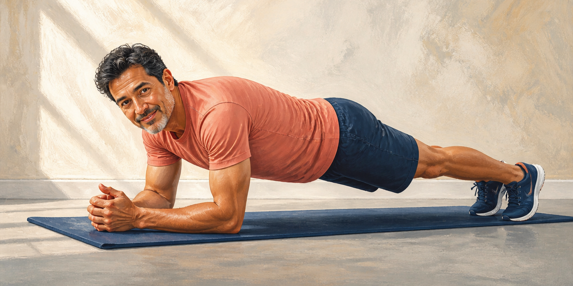 Hombre adulto realizando una plancha sobre los antebrazos en una esterilla, con el cuerpo alineado y las piernas extendidas para trabajar el core.