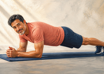 Hombre adulto realizando una plancha sobre los antebrazos en una esterilla, con el cuerpo alineado y las piernas extendidas para trabajar el core.