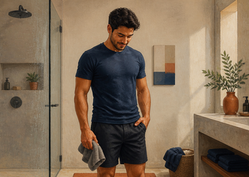Hombre adulto de pie en un baño, vestido con camiseta y pantalón corto, sosteniendo una toalla junto a una ducha y un lavabo.