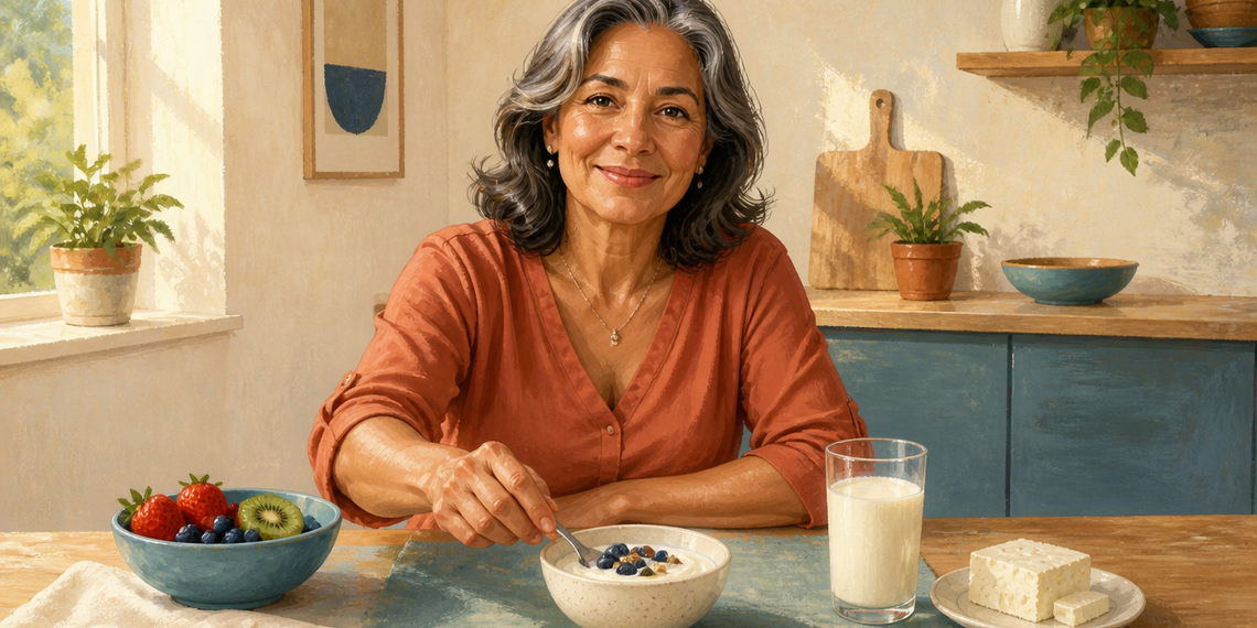 Mujer mayor sentada en una cocina frente a un desayuno con yogur, fruta, un vaso de leche y queso, alimentos relacionados con el aporte de calcio después de los 50.
