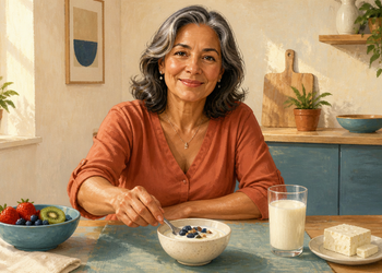 Mujer mayor sentada en una cocina frente a un desayuno con yogur, fruta, un vaso de leche y queso, alimentos relacionados con el aporte de calcio después de los 50.