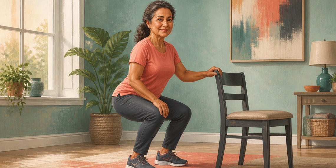 Mujer adulta realizando una sentadilla con apoyo en una silla dentro de casa, con una mano sobre el respaldo y las rodillas flexionadas.