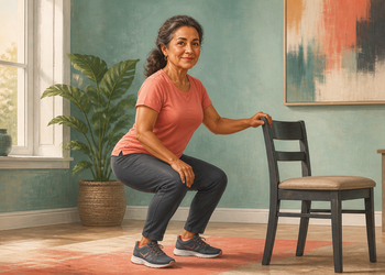 Mujer adulta realizando una sentadilla con apoyo en una silla dentro de casa, con una mano sobre el respaldo y las rodillas flexionadas.