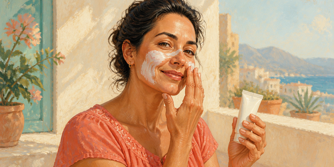 Mujer adulta aplicándose crema blanca en el rostro mientras sostiene un tubo de protector solar junto a una ventana iluminada por el sol.