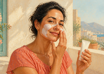 Mujer adulta aplicándose crema blanca en el rostro mientras sostiene un tubo de protector solar junto a una ventana iluminada por el sol.