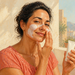 Mujer adulta aplicándose crema blanca en el rostro mientras sostiene un tubo de protector solar junto a una ventana iluminada por el sol.