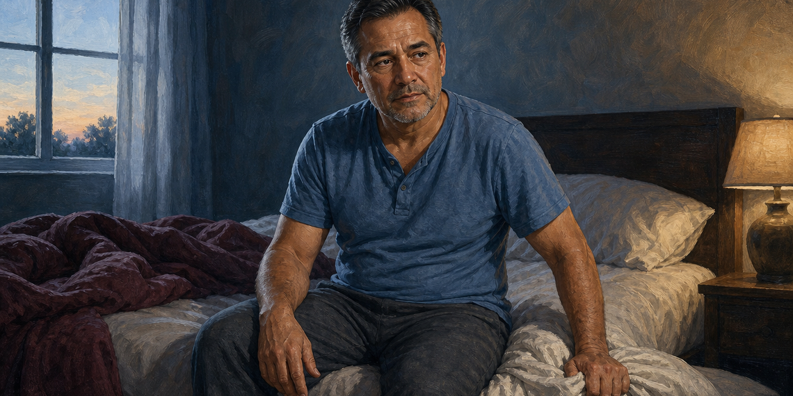 Hombre de mediana edad sentado en la cama al amanecer, con expresión seria y cansada, en un dormitorio con luz tenue.