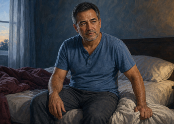 Hombre de mediana edad sentado en la cama al amanecer, con expresión seria y cansada, en un dormitorio con luz tenue.