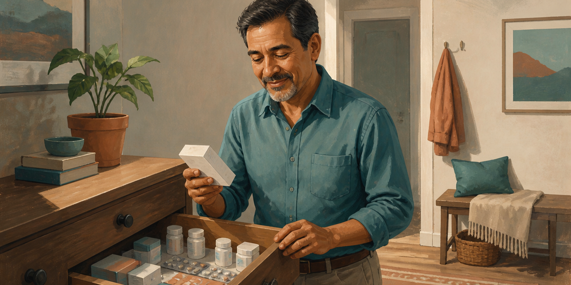 Hombre adulto revisando una caja de medicamento frente a un cajón abierto con varios envases y blísteres en casa.