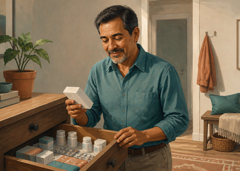 Hombre adulto revisando una caja de medicamento frente a un cajón abierto con varios envases y blísteres en casa.