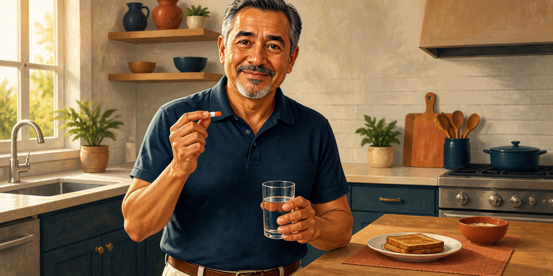 Hombre mayor sosteniendo una cápsula junto a un vaso de agua en una cocina, con un plato de tostadas sobre la mesa.