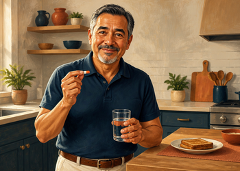 Hombre mayor sosteniendo una cápsula junto a un vaso de agua en una cocina, con un plato de tostadas sobre la mesa.