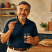 Hombre mayor sosteniendo una cápsula junto a un vaso de agua en una cocina, con un plato de tostadas sobre la mesa.