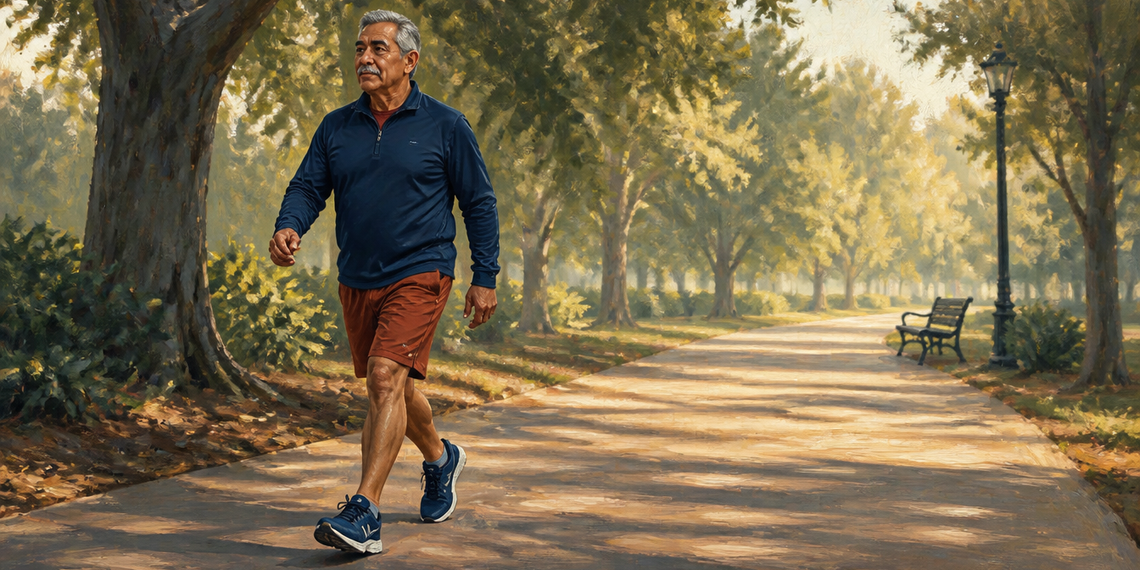 Hombre mayor caminando a paso ligero por un sendero arbolado en un parque, con ropa deportiva y zapatillas.