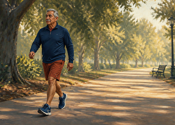 Hombre mayor caminando a paso ligero por un sendero arbolado en un parque, con ropa deportiva y zapatillas.