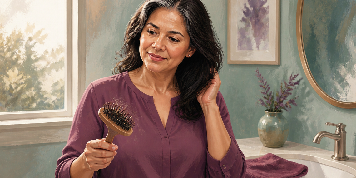 Mujer adulta observando un cepillo con varios cabellos mientras se toca el pelo frente al lavabo de un baño iluminado por luz natural.