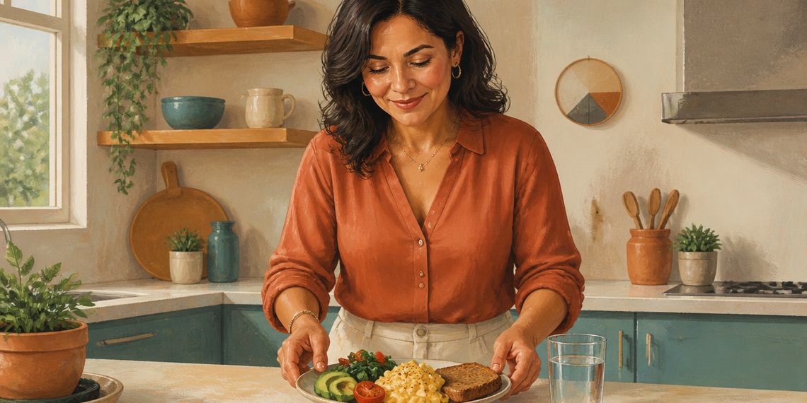 Mujer adulta colocando sobre una encimera un plato con huevos, aguacate, verduras y pan integral, junto a un vaso de agua en una cocina luminosa.