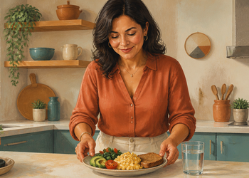 Mujer adulta colocando sobre una encimera un plato con huevos, aguacate, verduras y pan integral, junto a un vaso de agua en una cocina luminosa.