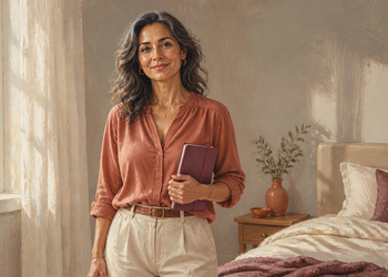 Mujer adulta de mediana edad de pie en un dormitorio luminoso, sosteniendo una libreta junto al pecho y sonriendo suavemente.