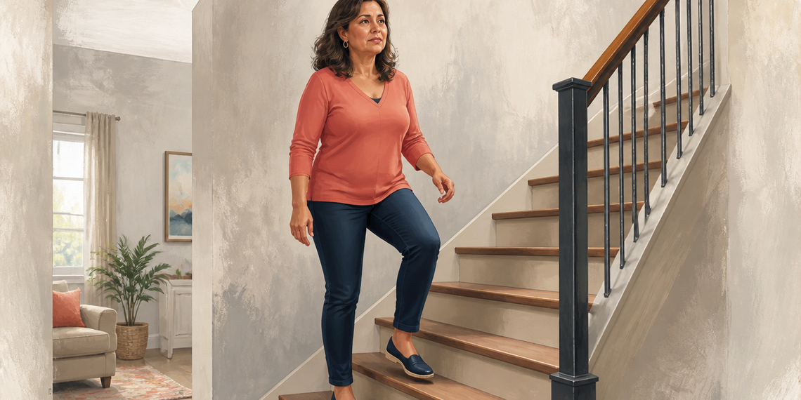 Mujer adulta subiendo una escalera en casa, con una pierna elevada sobre el siguiente peldaño y gesto atento durante el movimiento.