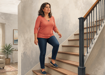 Mujer adulta subiendo una escalera en casa, con una pierna elevada sobre el siguiente peldaño y gesto atento durante el movimiento.