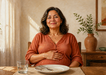 Mujer adulta sentada a la mesa después de comer, con una mano apoyada sobre el abdomen, un plato vacío y un vaso de agua delante.