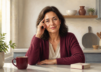 Mujer adulta sentada a la mesa de una cocina con una mano apoyada en la sien, junto a una taza y una pequeña caja rectangular.