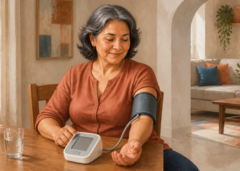 Mujer de mediana edad midiéndose la presión arterial con un tensiómetro digital en casa, sentada a una mesa con el manguito colocado en el brazo.