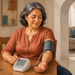 Mujer de mediana edad midiéndose la presión arterial con un tensiómetro digital en casa, sentada a una mesa con el manguito colocado en el brazo.