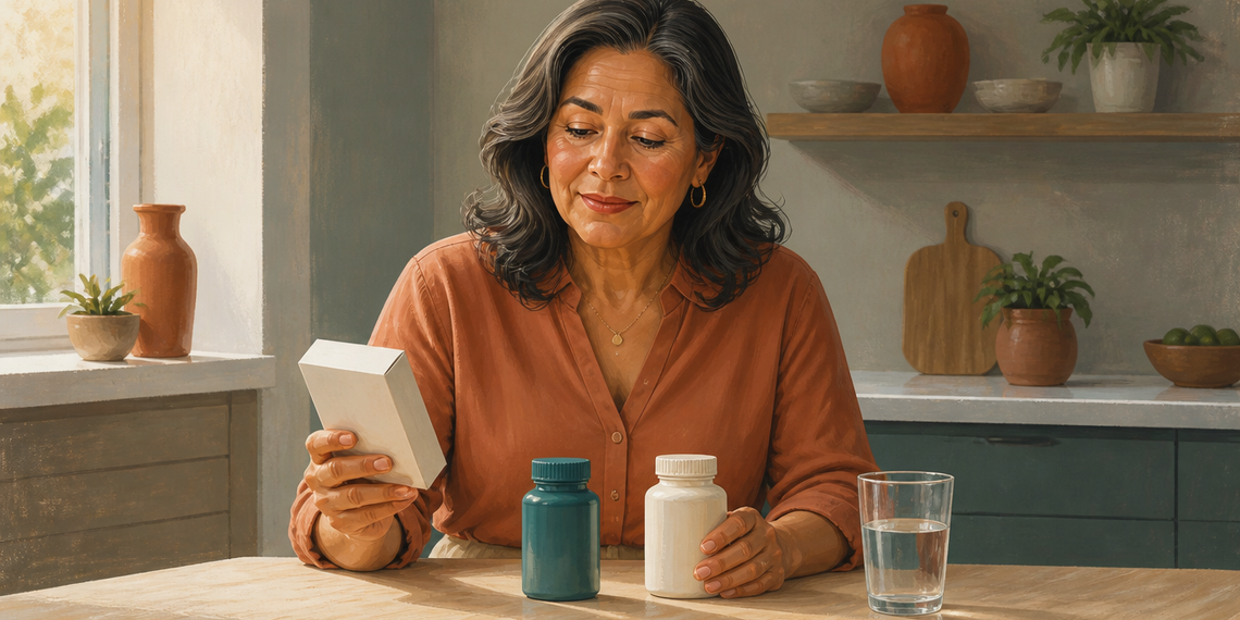 Mujer adulta revisando una caja de medicamento en la cocina, con dos frascos de pastillas y un vaso de agua sobre la mesa.