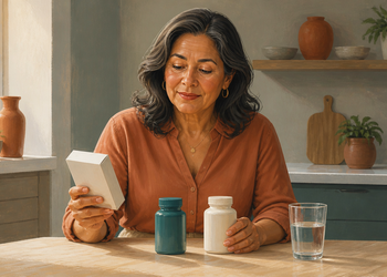 Mujer adulta revisando una caja de medicamento en la cocina, con dos frascos de pastillas y un vaso de agua sobre la mesa.