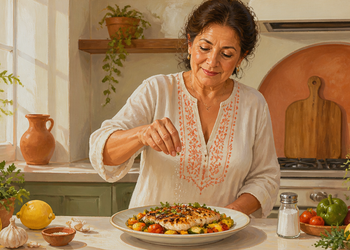 Mujer adulta condimentando un plato de pescado con verduras en una cocina, junto a un salero, aceite de oliva, limón, ajo y vegetales frescos.